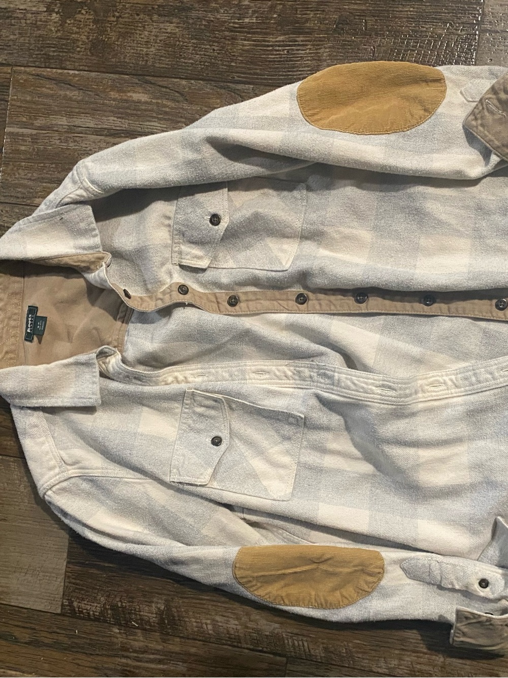 Roots Men's Light Gray and Tan Plaid Button-Down Shirt with Tan Elbow Patches